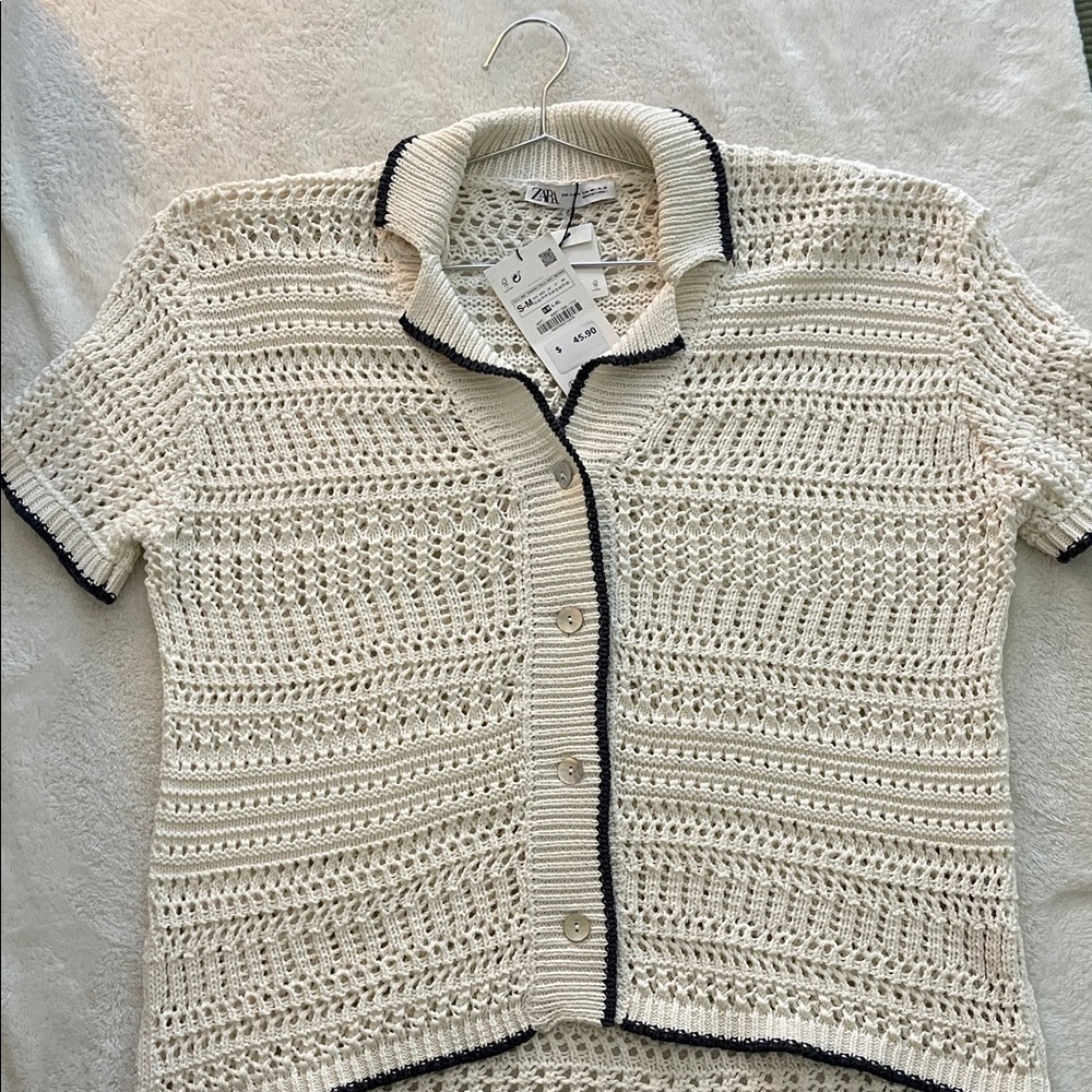 Zara Women's Cream and Black Short Sleeve Cardigan NWT